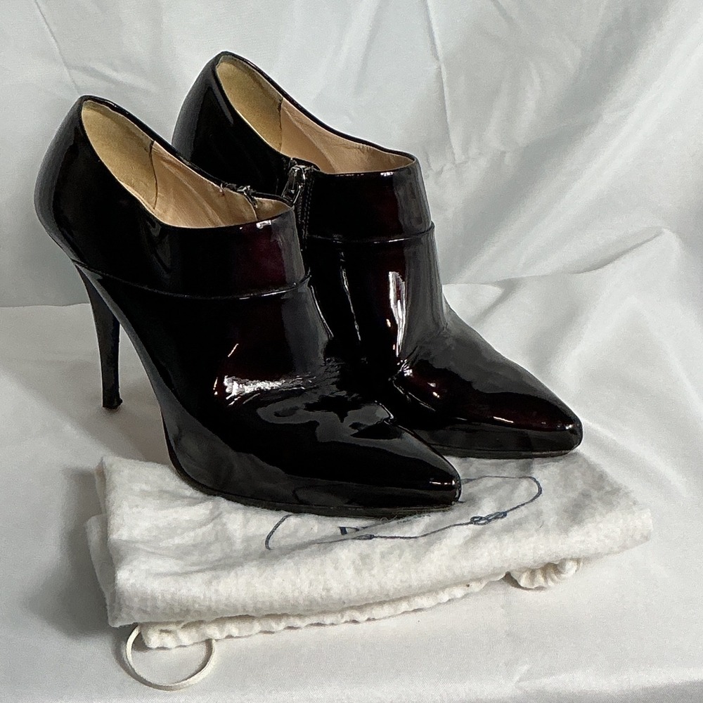 Prada Womens Burgundy Patent Leather Pointed Toe Stiletto Heel Ankle Boots 36